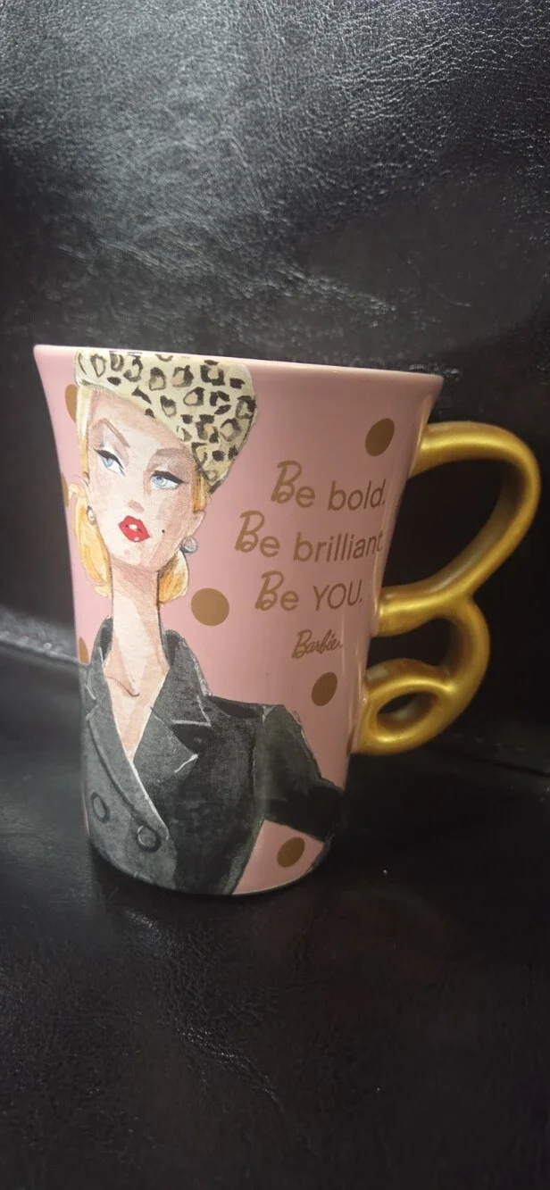 Hallmark Barbie Pink Ceramic Mug Gold Handle 2016 - Used
